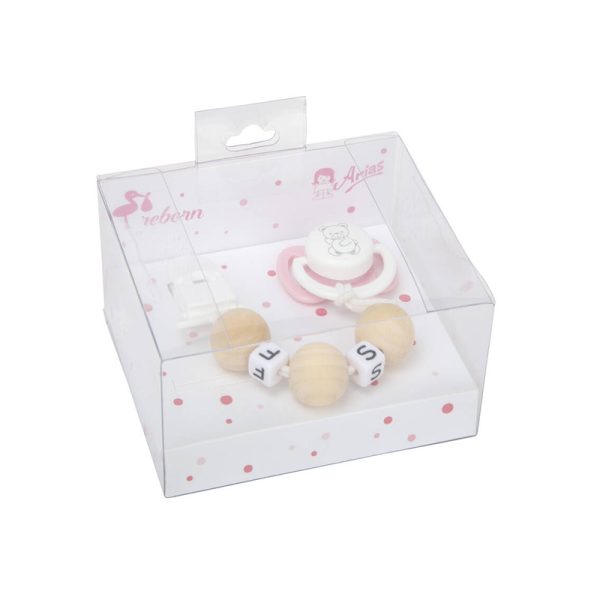 ARIAS SET PINK/WHITE PACIFIER WITH WOODEN BALL CHAIN & CLIP