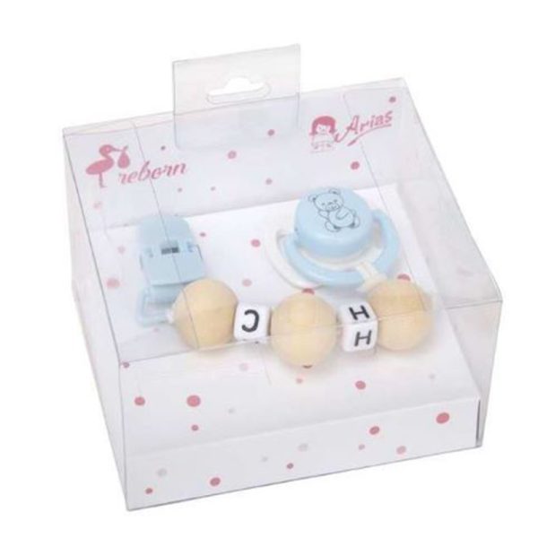 ARIAS SET BLUE/WHITE PACIFIER WITH WOODEN BALL CHAIN & CLIP